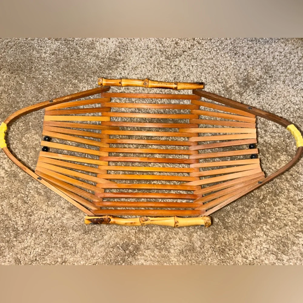 Vintage Mid Century Modern Bamboo Wood Slatted 13" Fruit Basket Boho